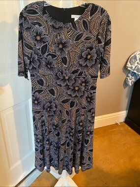 London Times Navy and Cream Floral Dot-Print Midi Dress
